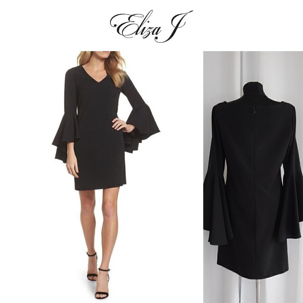 Eliza J Bell Sleeve Black Crepe Shift Dress Sz 6